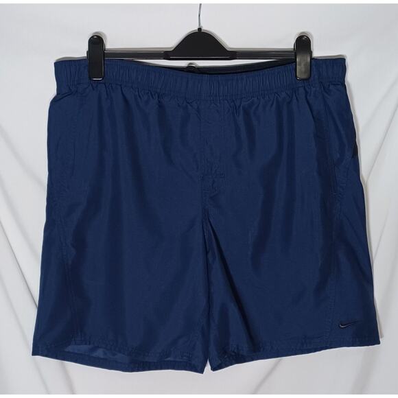 Nike Men's L Swim Trunks Shorts Blue Black Mesh Lined Swoosh Logo Spellout - Picture 1 of 13